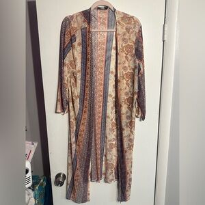 NWT. Woman’s CURE. mesh Kimono in a red / tan floral pattern. Size L.